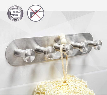 Tatkraft Jane Self Adhesive Wall Hooks – 5 Stainless Steel Hooks – No Drill Easy Install