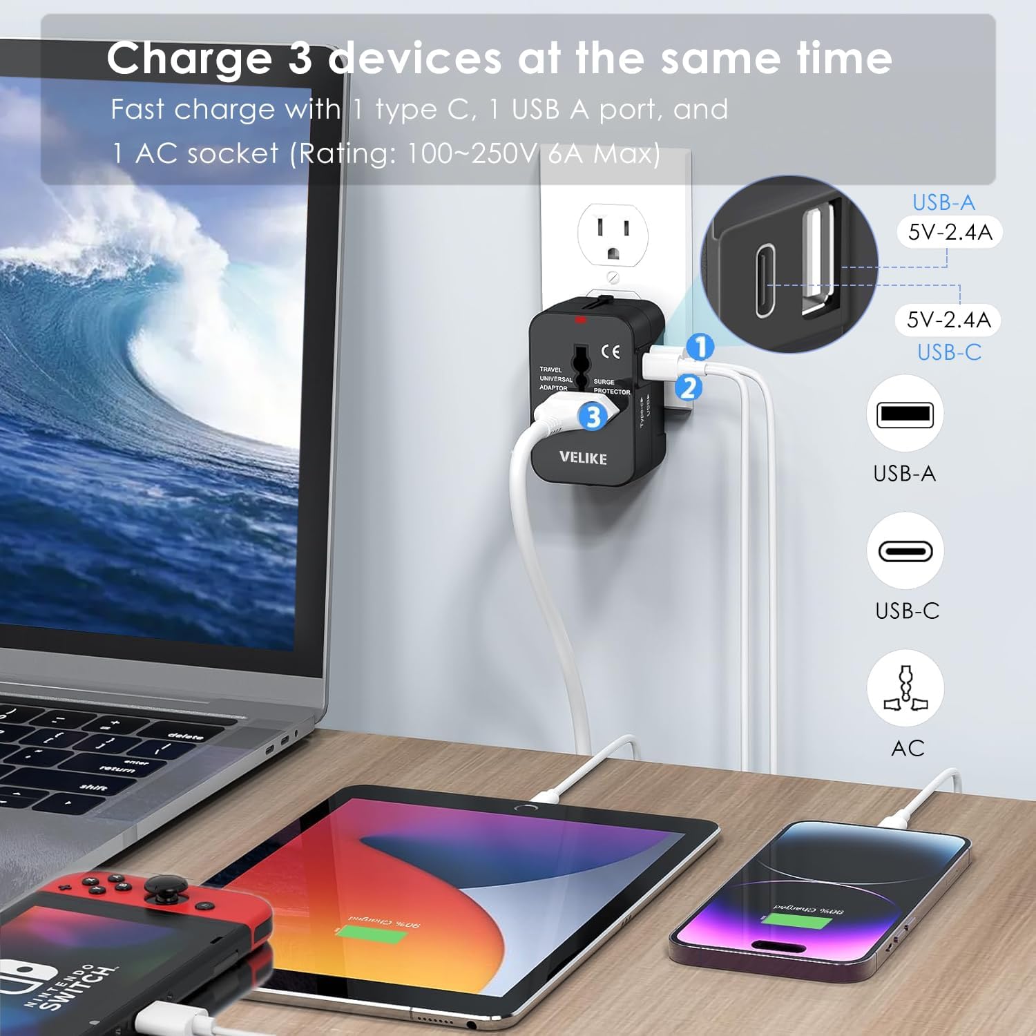 VELIKE Travel Adapter Worldwide – Universal Plug Converter with USB-C & USB