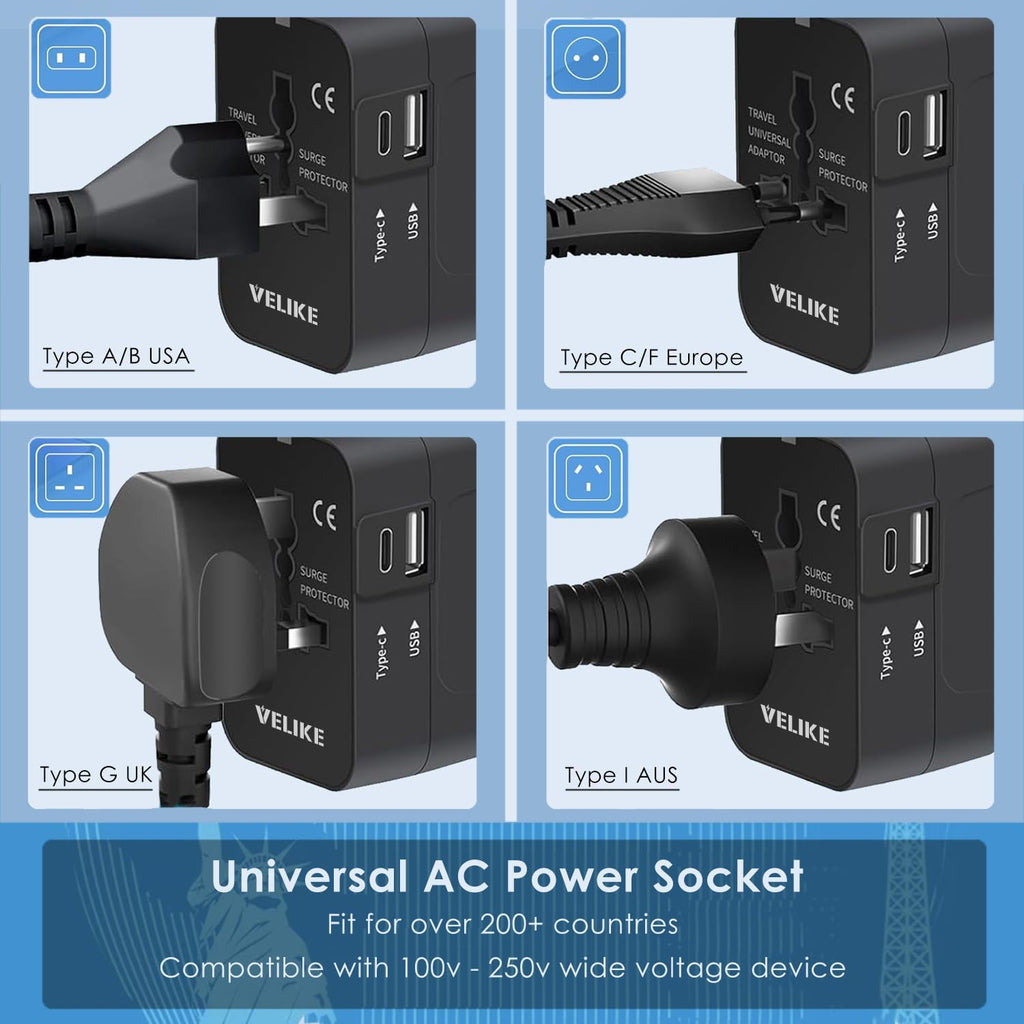 VELIKE Travel Adapter Worldwide – Universal Plug Converter with USB-C & USB