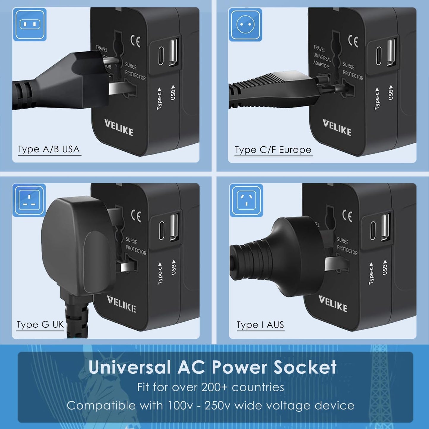 VELIKE Travel Adapter Worldwide – Universal Plug Converter with USB-C & USB