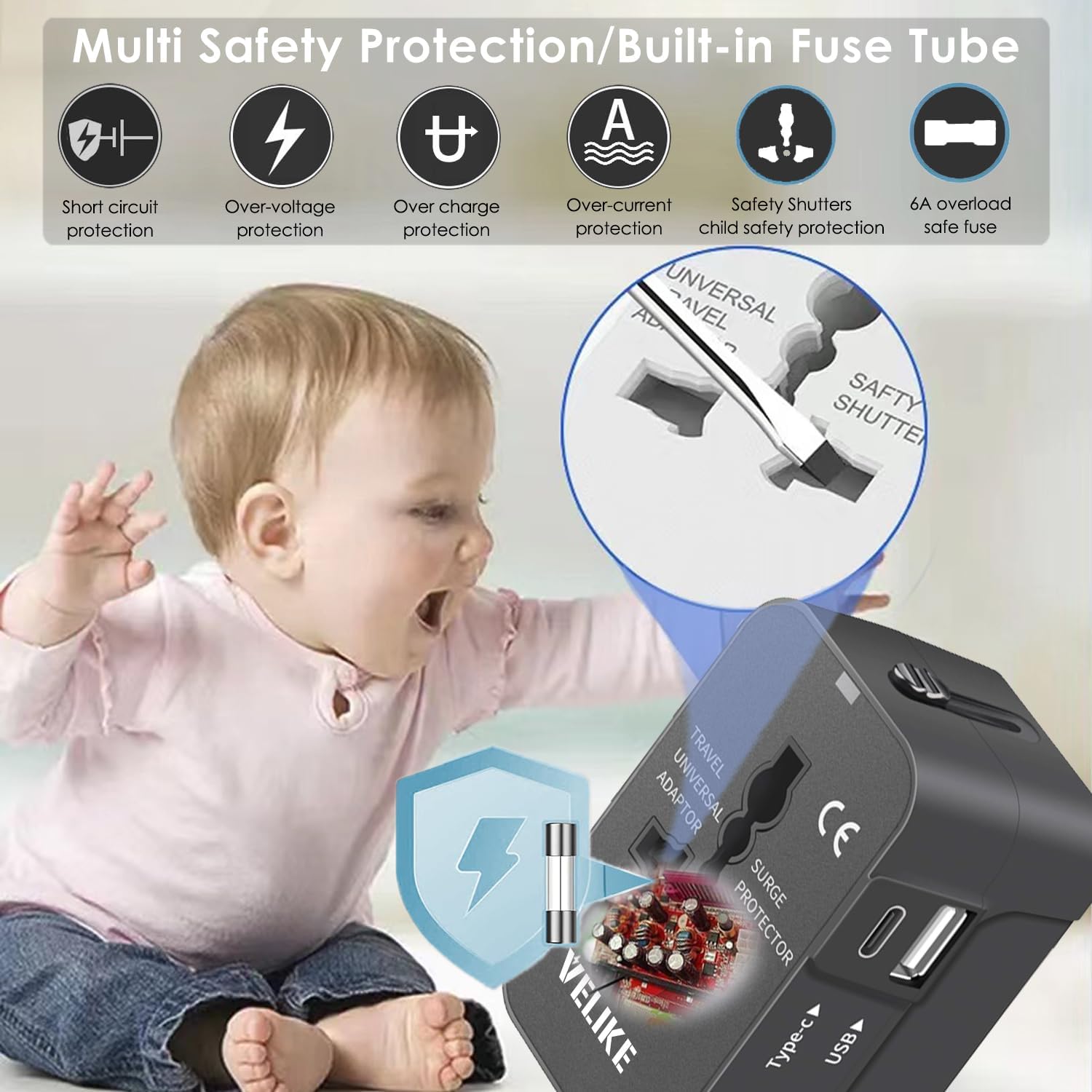 VELIKE Travel Adapter Worldwide – Universal Plug Converter with USB-C & USB