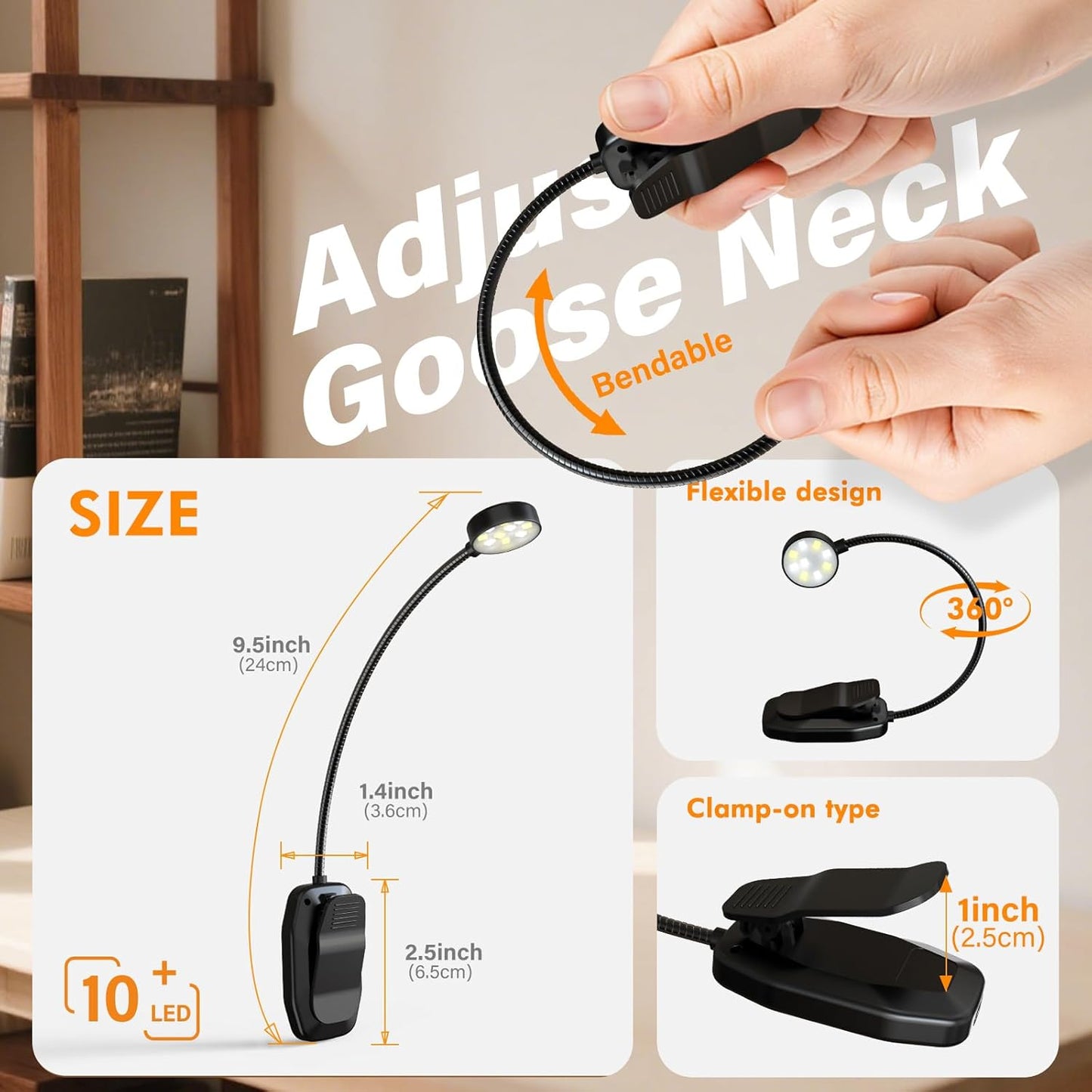 Rechargeable Book Light – Clip On Reading Lamp – 3 Color Temperatures & Adjustable Brightness