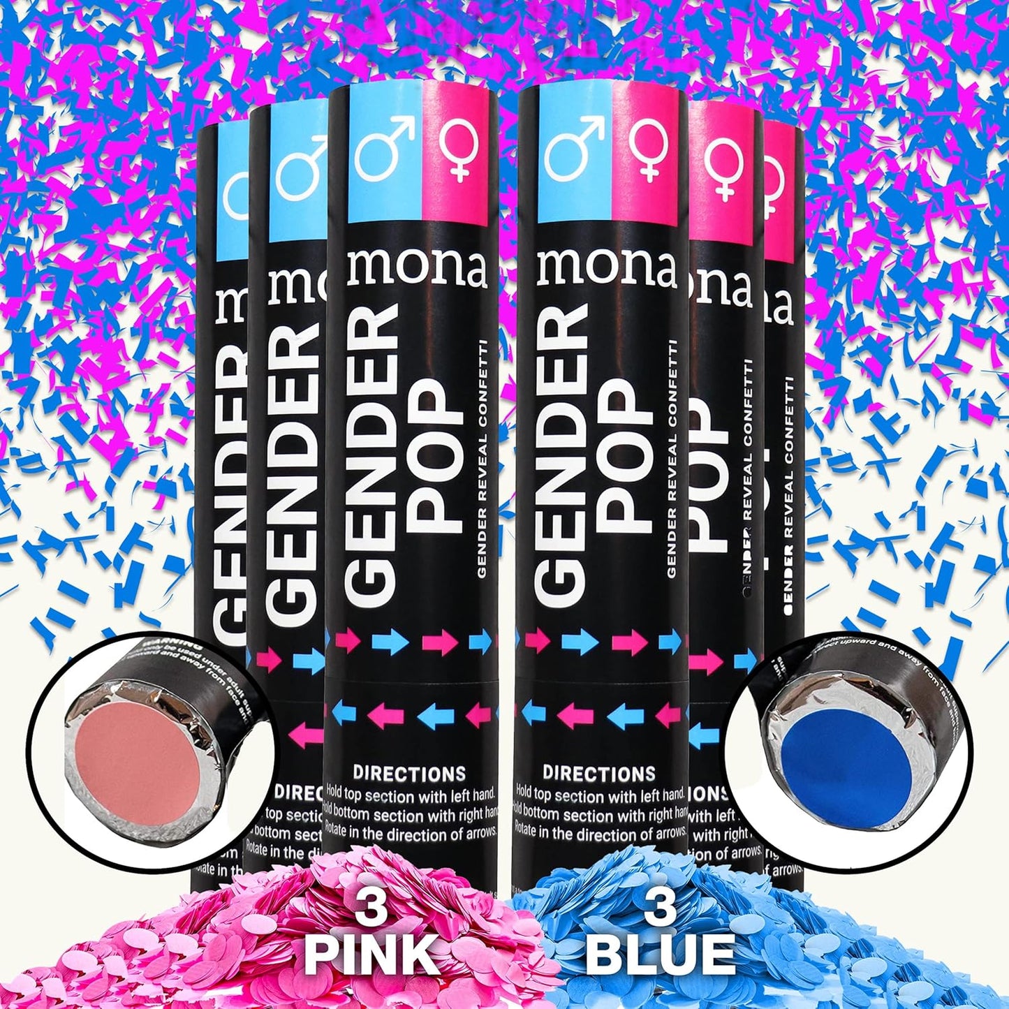 6pk Mona Gender Reveal Confetti Cannon – Baby Gender Reveal Party Supplies Kit