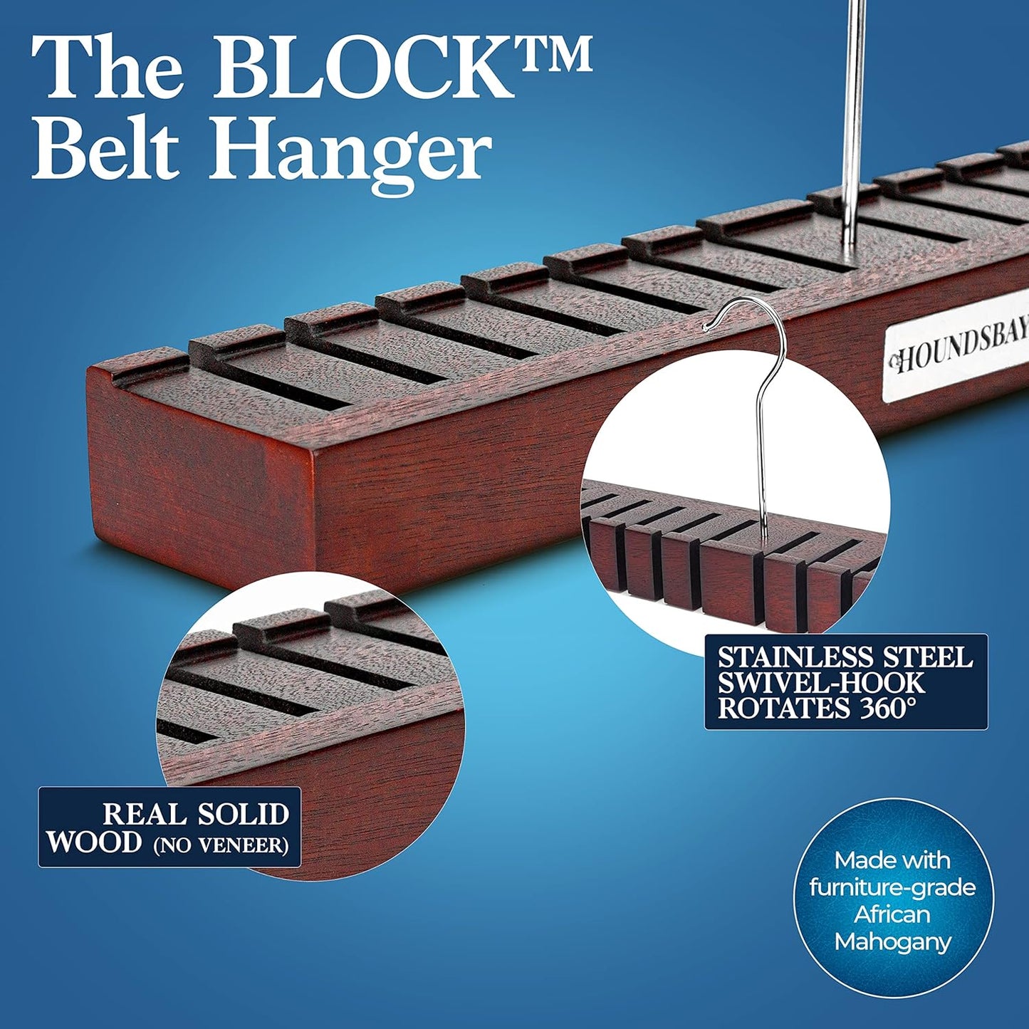 HOUNDSBAY Wooden Block Belt Hanger – Holds 17 Belts – Premium Grade