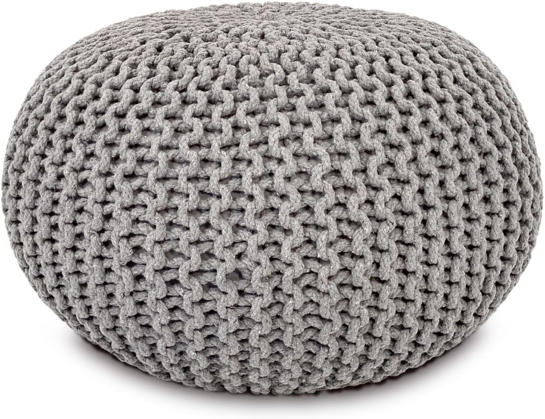 Chunky Handcrafted Knit Pouf -100% Recycled Cotton, 17.7″ x 11.8″