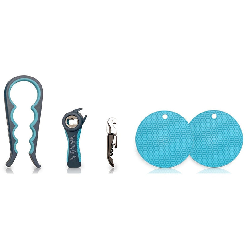 Multi-Function 5-in-1 Bottle Opener Set – Jar, Cap & Corkscrew Opener with Rubber Grips
