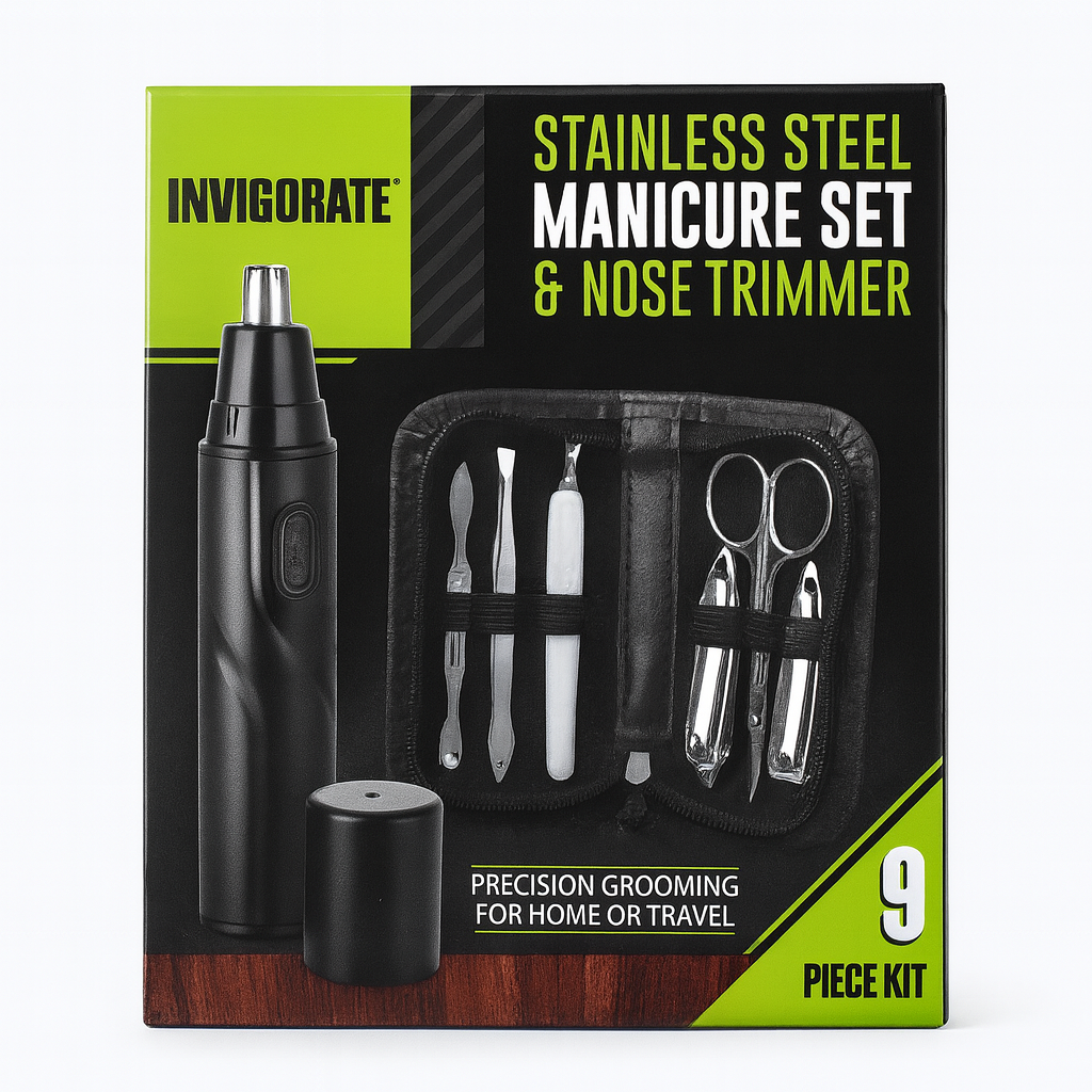 INVIGORTATE Stainless Steel Manicure & Nose Trimmer Set – Complete Grooming Kit with Travel Case