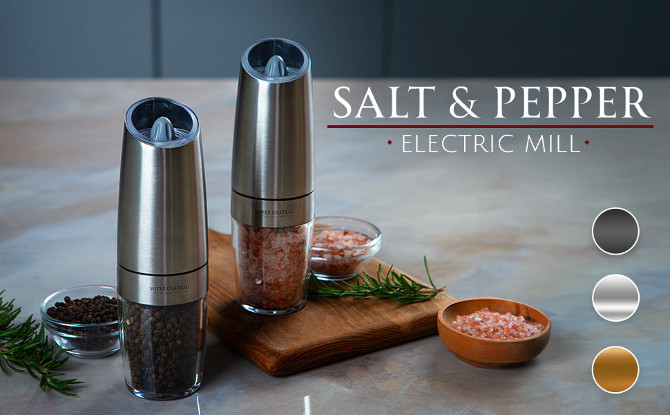 Gravity Electric Salt & Pepper Grinder 2 piece Set – Batteries, Scoop & Brush Included – 3 Colors by Votre Château