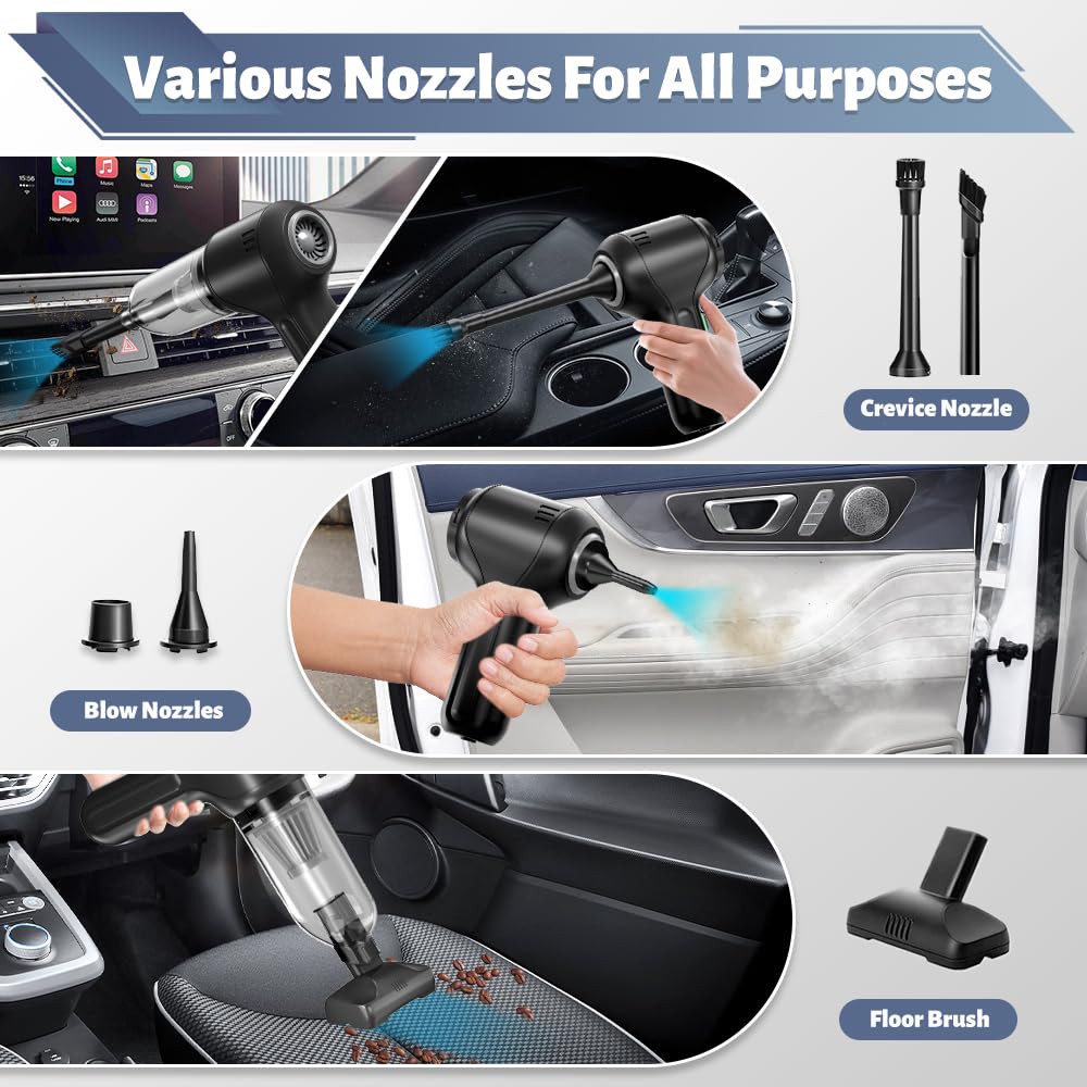 Cordless Handheld Vacuum & Air Duster – 4-in-1 Mini Car Cleaner with LED Light