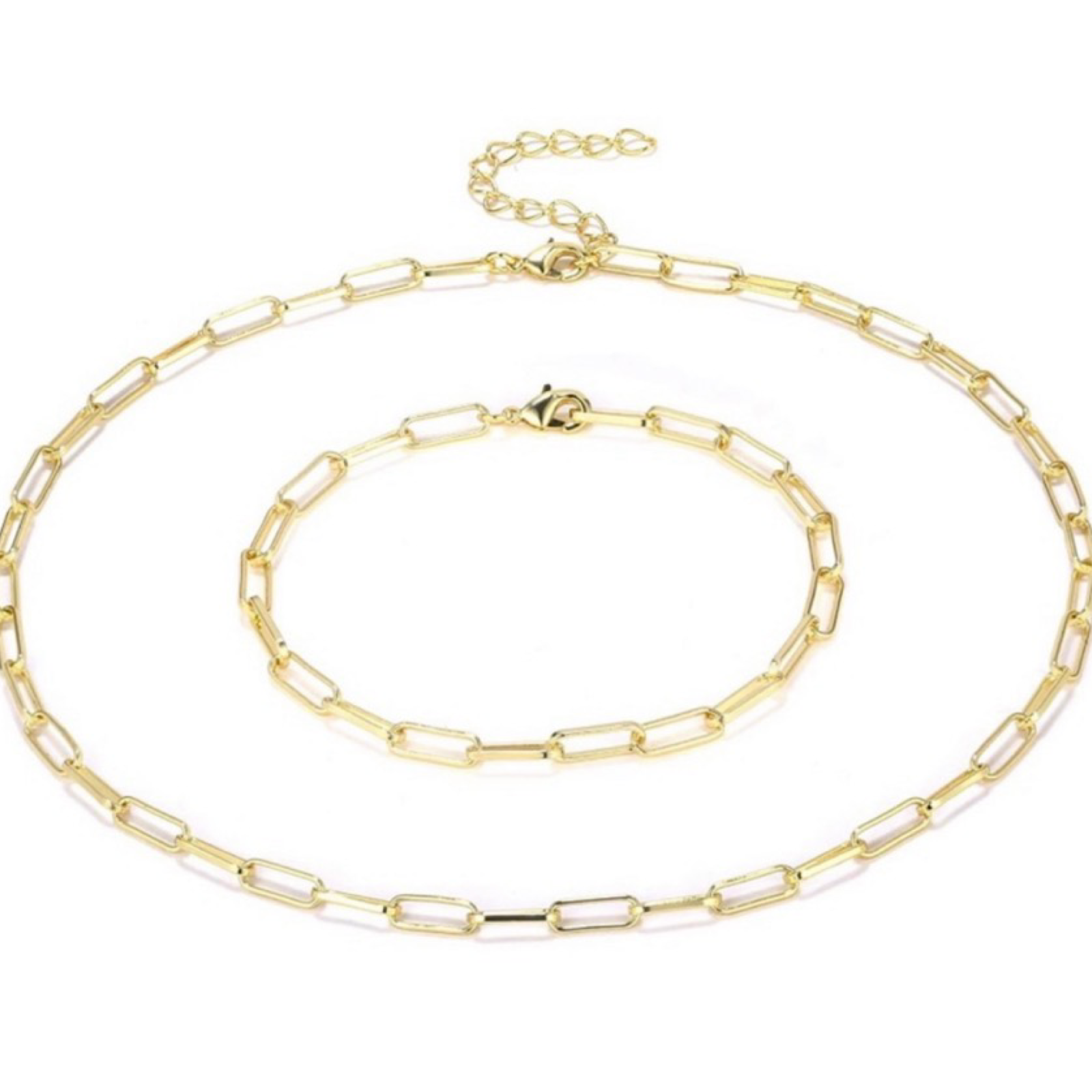 2pc Trendy 18K Gold Plated Paperclip Necklace and Bracelet Set