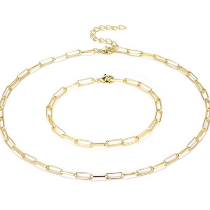 2pc Trendy 18K Gold Plated Paperclip Necklace and Bracelet Set