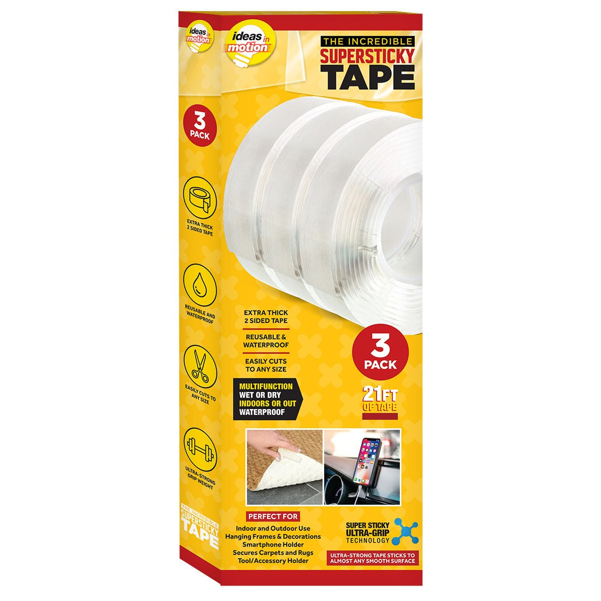 3pk Double-Sided Supersticky Tape – Reusable, Waterproof, Multi-Surface – 21ft Total