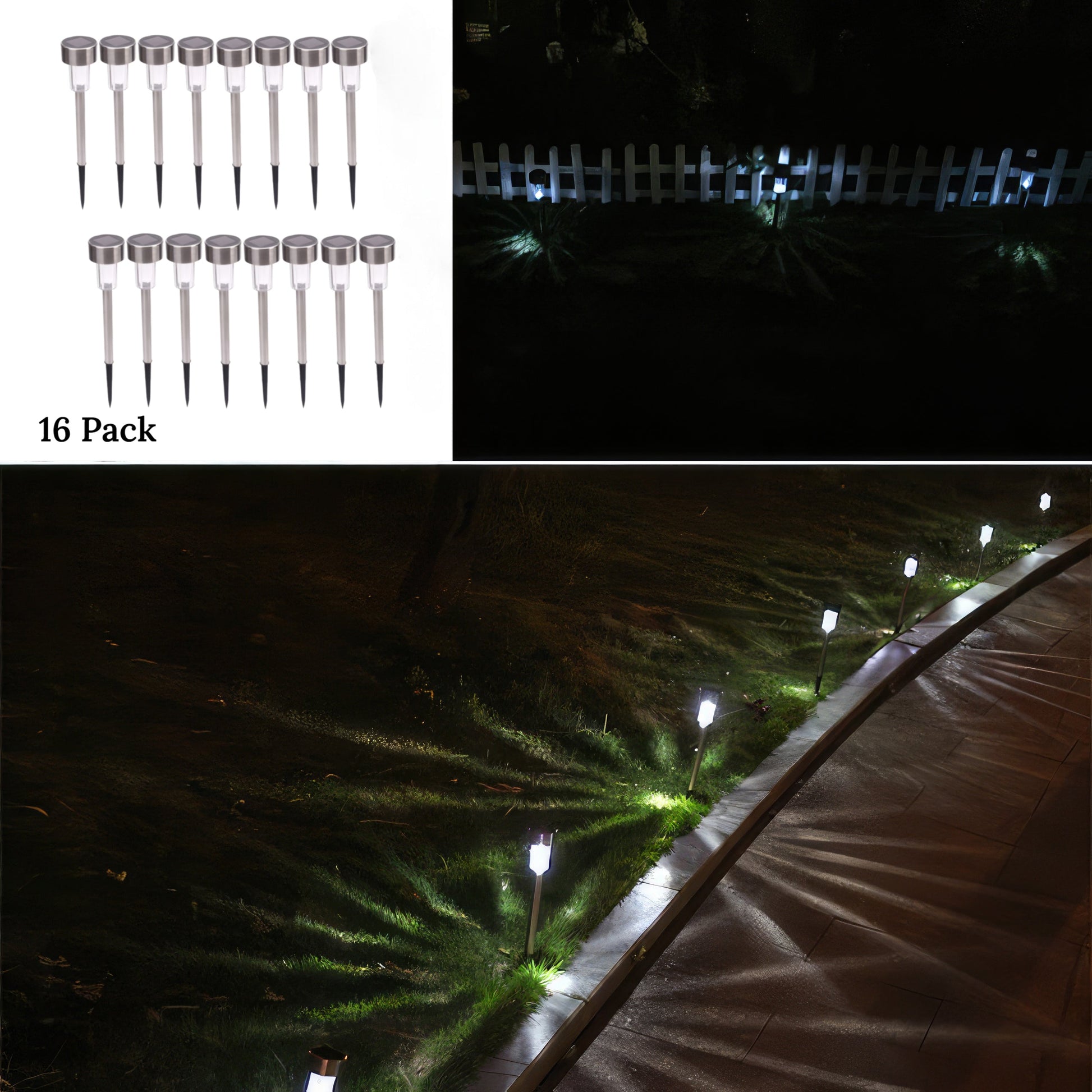 16 Pack - Stainless Steel Solar Pathway Lights – Waterproof LED Garden Stakes