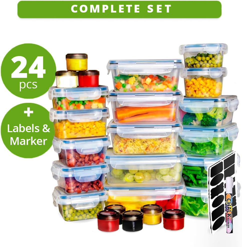 24pc BPA-Free Food Storage Container Set with Leakproof Lids - Includes Labels!