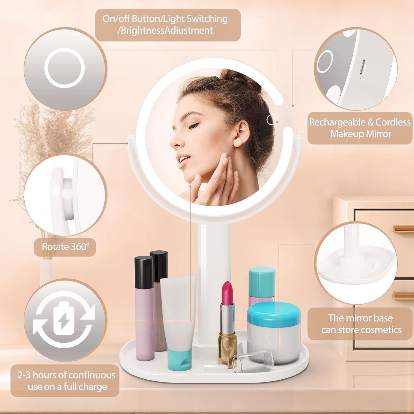 Rechargeable Double Sided LED Mirror - 1x/10x Magnification - White