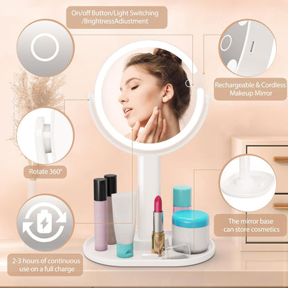 Rechargeable Double Sided LED Mirror - 1x/10x Magnification - White