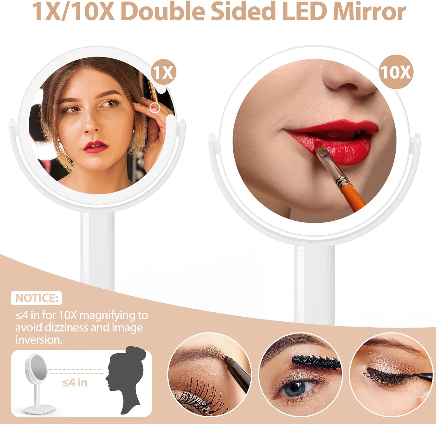 Rechargeable Double Sided LED Mirror - 1x/10x Magnification - White