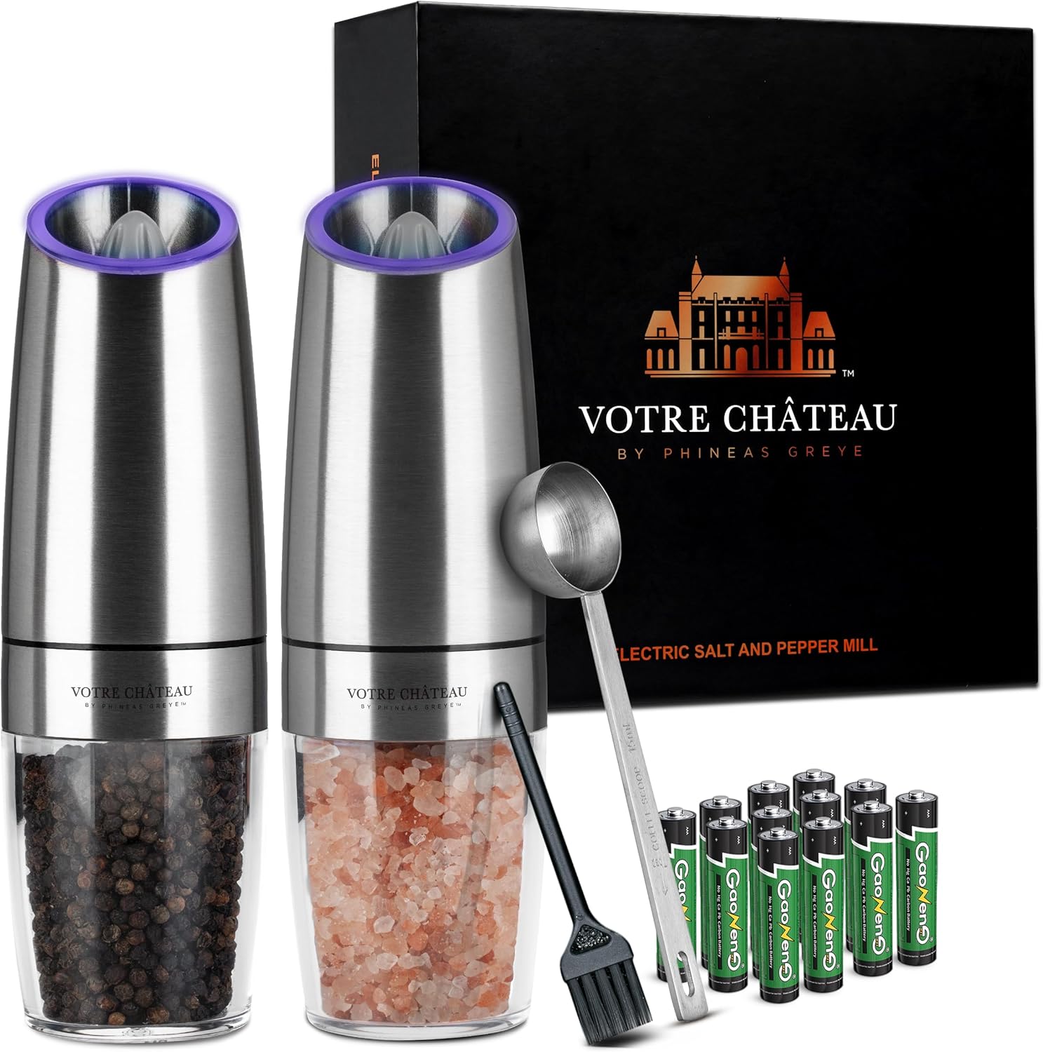 Gravity Electric Salt & Pepper Grinder 2 piece Set – Batteries, Scoop & Brush Included – 3 Colors by Votre Château