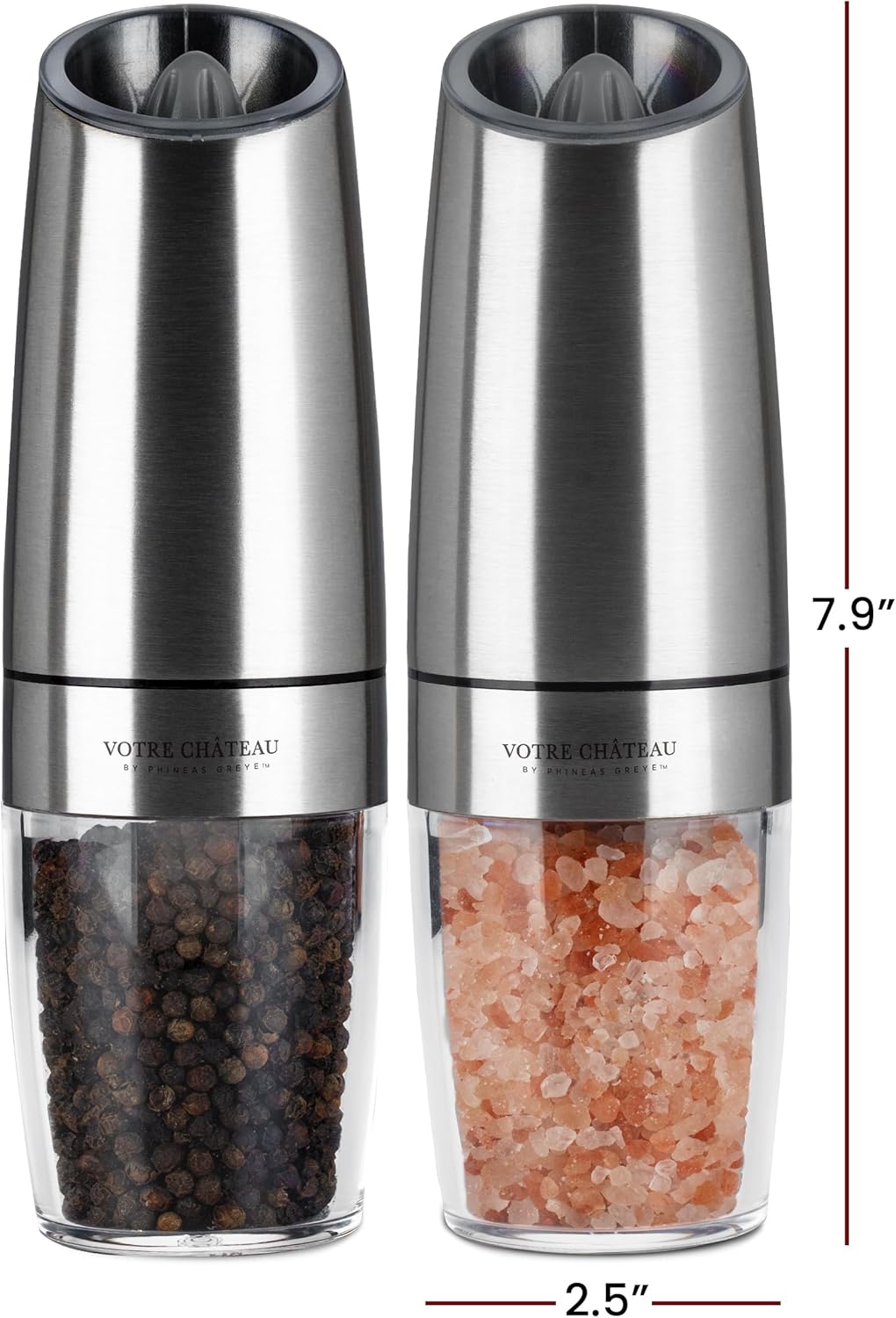 Gravity Electric Salt & Pepper Grinder 2 piece Set – Batteries, Scoop & Brush Included – 3 Colors by Votre Château