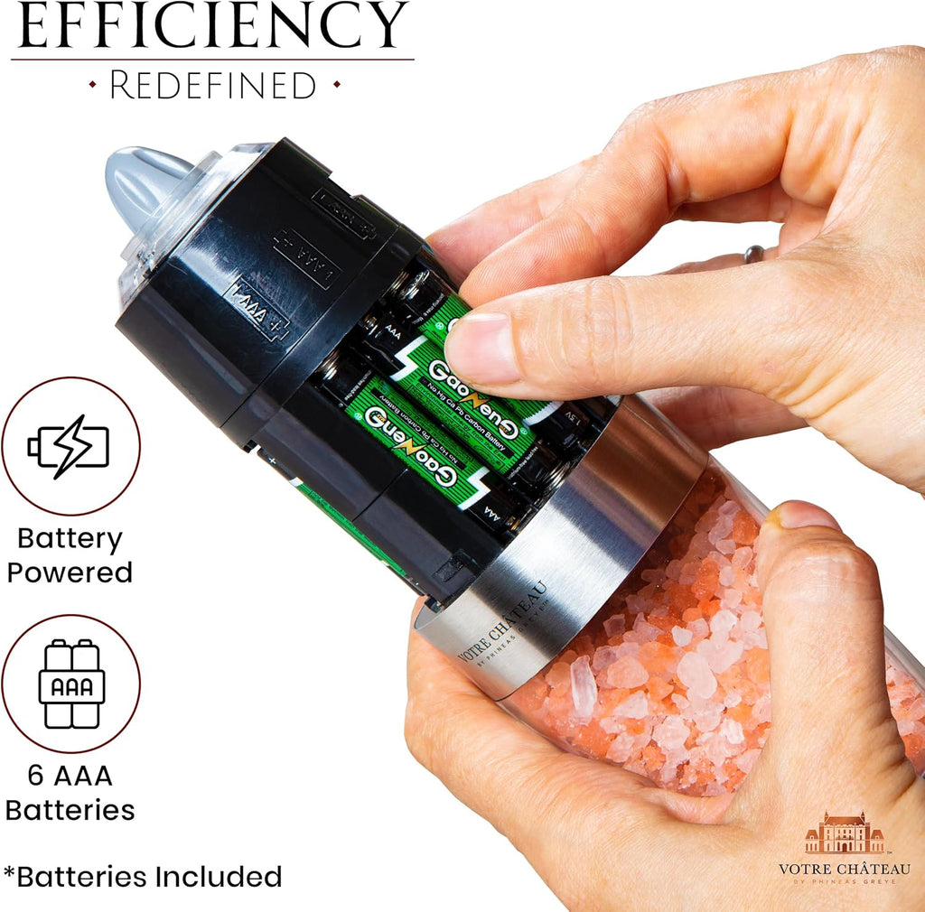 Gravity Electric Salt & Pepper Grinder 2 piece Set – Batteries, Scoop & Brush Included – 3 Colors by Votre Château