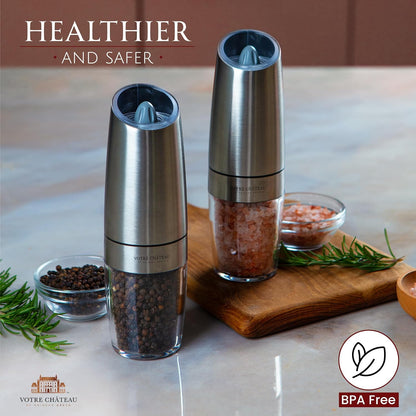 Gravity Electric Salt & Pepper Grinder 2 piece Set – Batteries, Scoop & Brush Included – 3 Colors by Votre Château