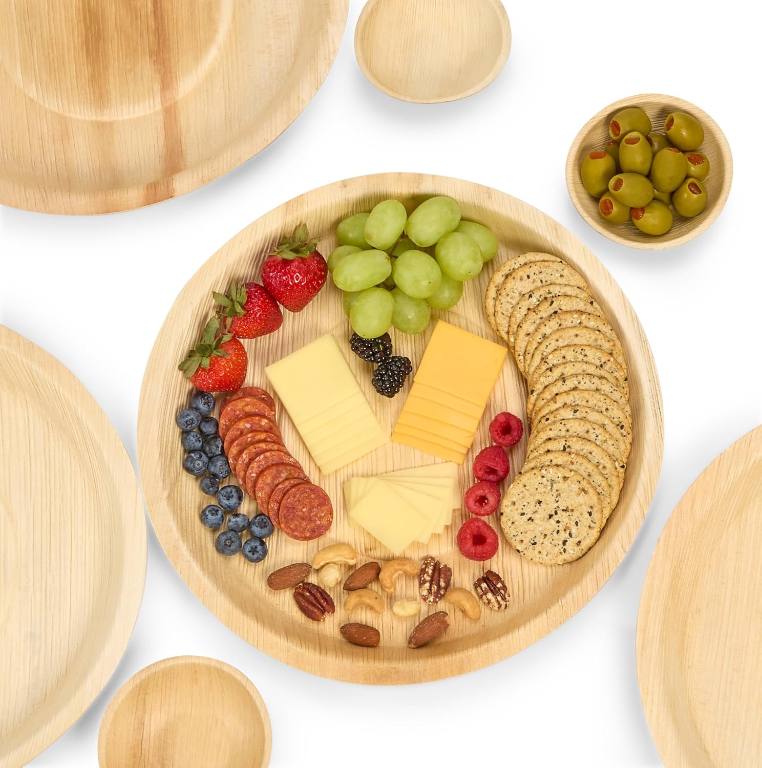Round Disposable Charcuterie Boards with Small Dip Bowls – Set of 10 – 12″ x 12″