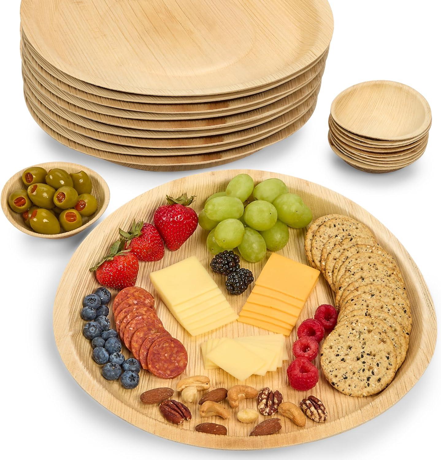 Round Disposable Charcuterie Boards with Small Dip Bowls – Set of 10 – 12″ x 12″