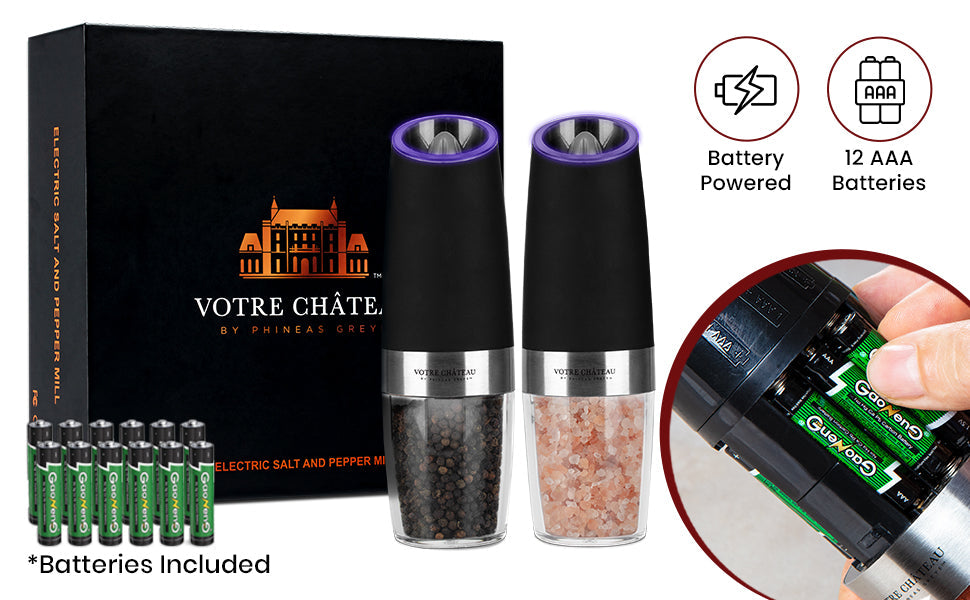 Gravity Electric Salt & Pepper Grinder 2 piece Set – Batteries, Scoop & Brush Included – 3 Colors by Votre Château