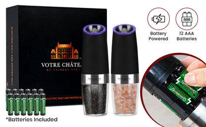 Gravity Electric Salt & Pepper Grinder 2 piece Set – Batteries, Scoop & Brush Included – 3 Colors by Votre Château