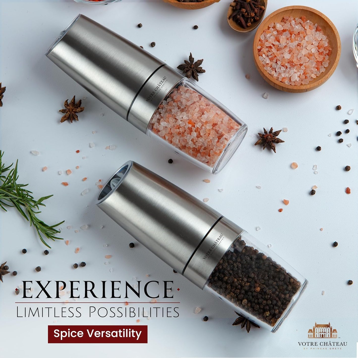 Gravity Electric Salt & Pepper Grinder 2 piece Set – Batteries, Scoop & Brush Included – 3 Colors by Votre Château