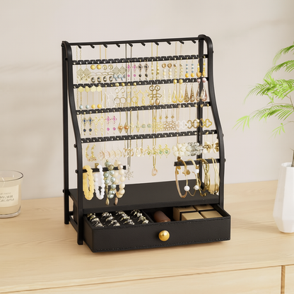 Earring Holder Organizer – 7-Tier Jewelry Stand with Drawer, Necklace Hooks & Watch Rods