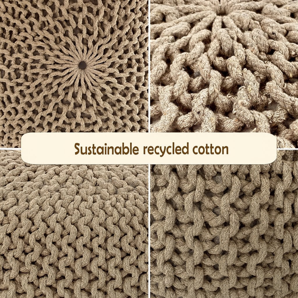 Chunky Handcrafted Knit Pouf -100% Recycled Cotton, 17.7″ x 11.8″