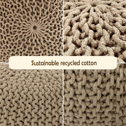 Chunky Handcrafted Knit Pouf -100% Recycled Cotton, 17.7″ x 11.8″