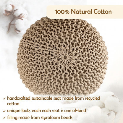 Chunky Handcrafted Knit Pouf -100% Recycled Cotton, 17.7″ x 11.8″