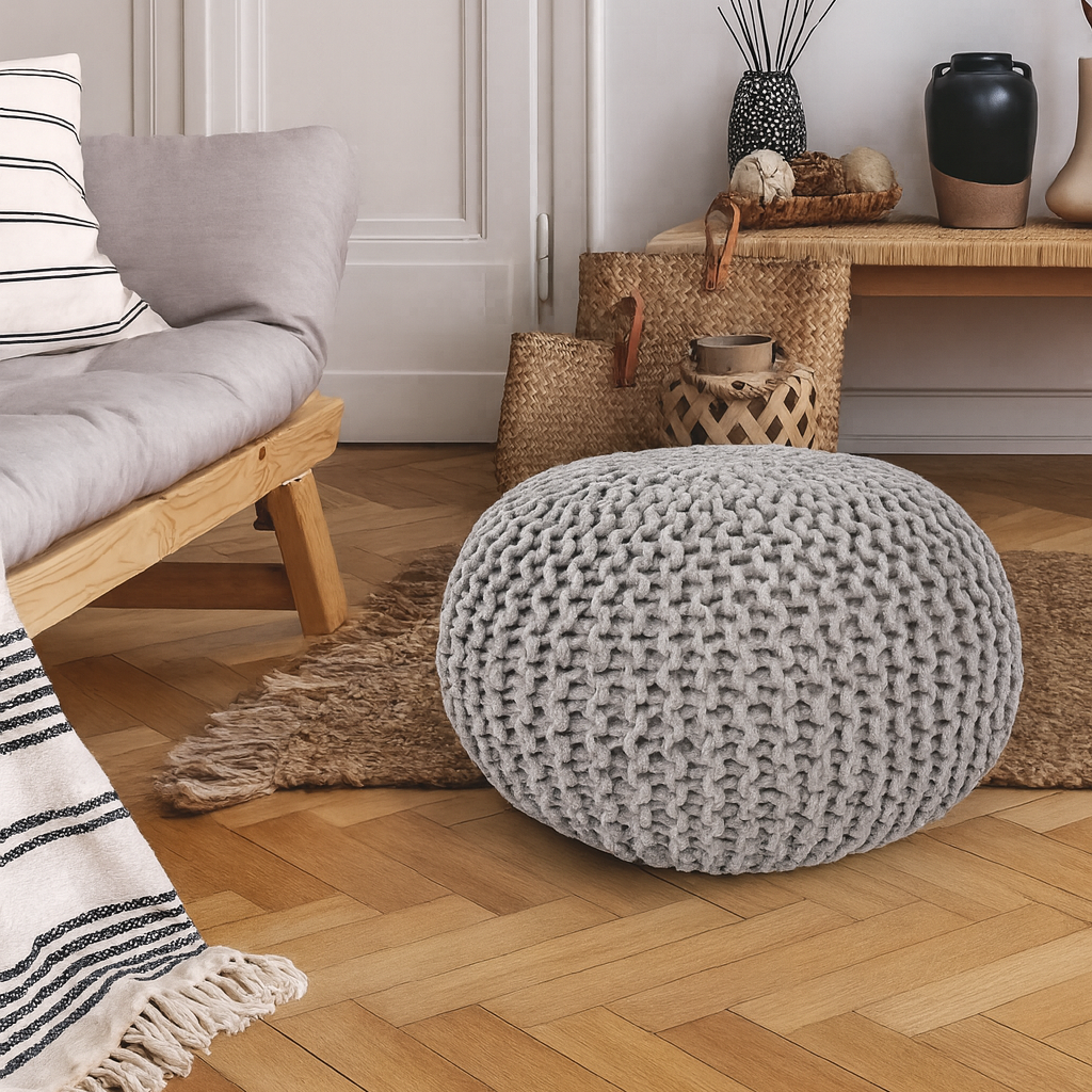 Chunky Handcrafted Knit Pouf -100% Recycled Cotton, 17.7″ x 11.8″