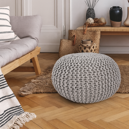 Chunky Handcrafted Knit Pouf -100% Recycled Cotton, 17.7″ x 11.8″