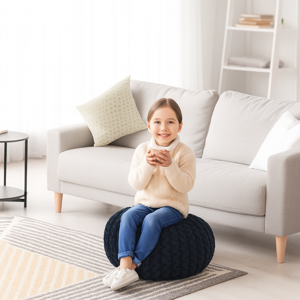 Chunky Handcrafted Knit Pouf -100% Recycled Cotton, 17.7″ x 11.8″