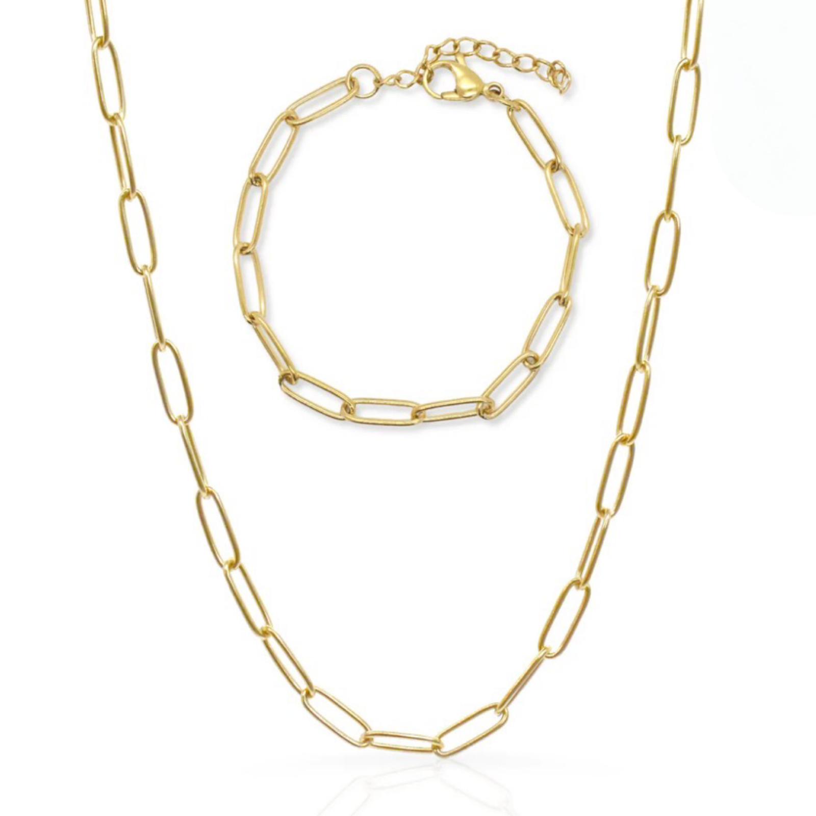 2pc Trendy 18K Gold Plated Paperclip Necklace and Bracelet Set