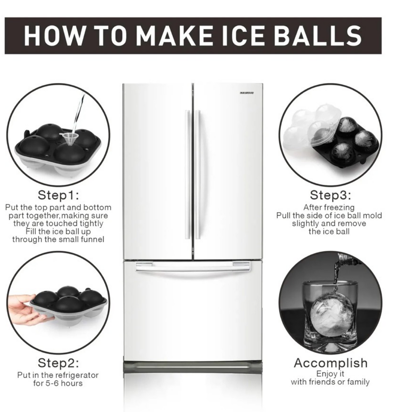 Ice Tray, 2.5"Large Ice Ball Maker w/ Lid – Funnel Included