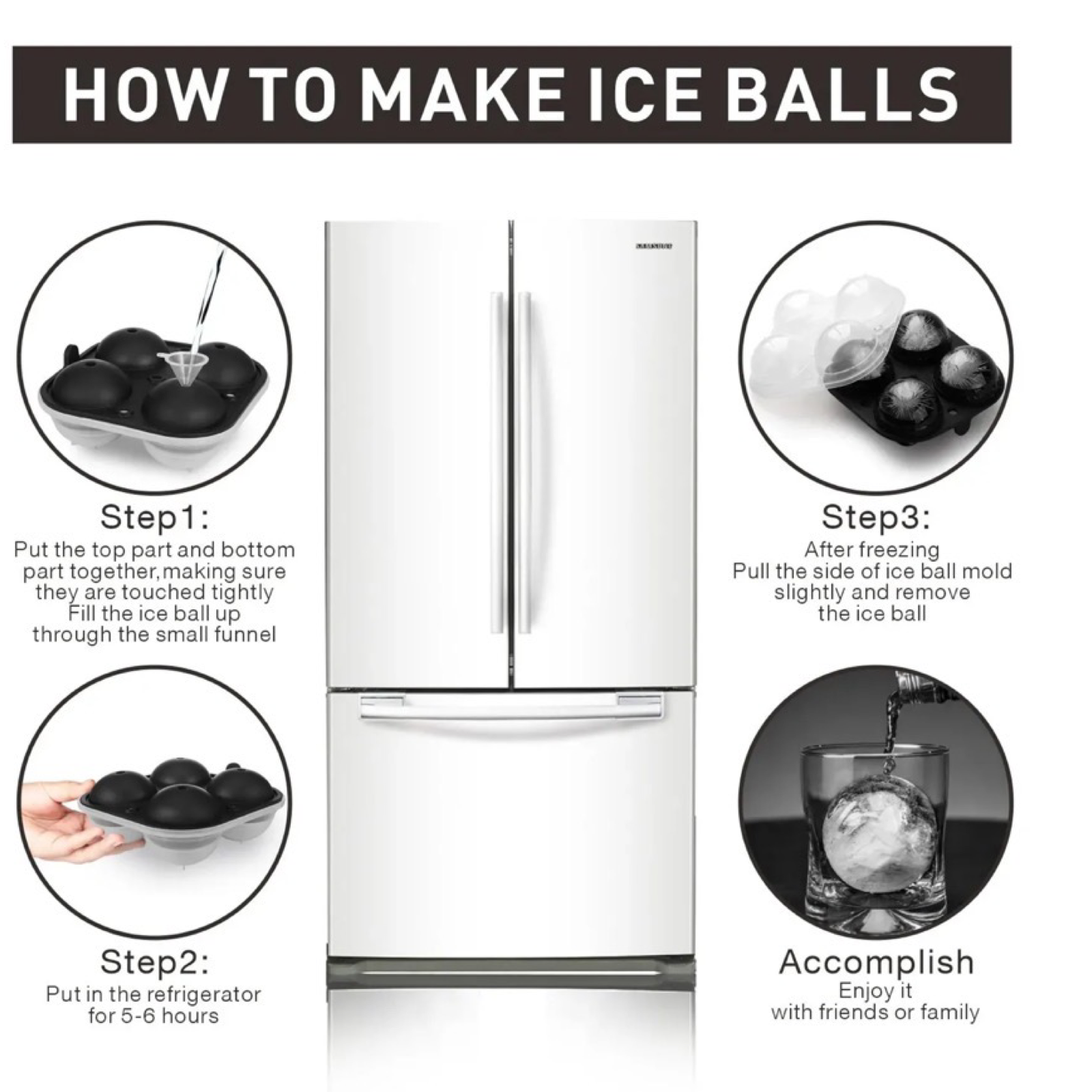 Ice Tray, 2.5"Large Ice Ball Maker w/ Lid – Funnel Included