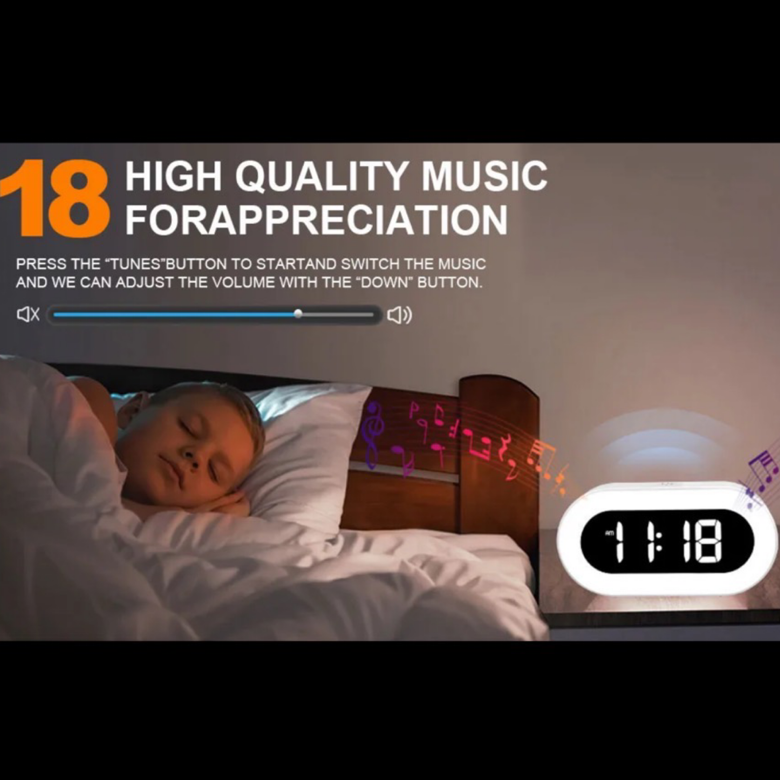LED Music Alarm Clock w/ Night Light - 18 Melodies, USB Charging