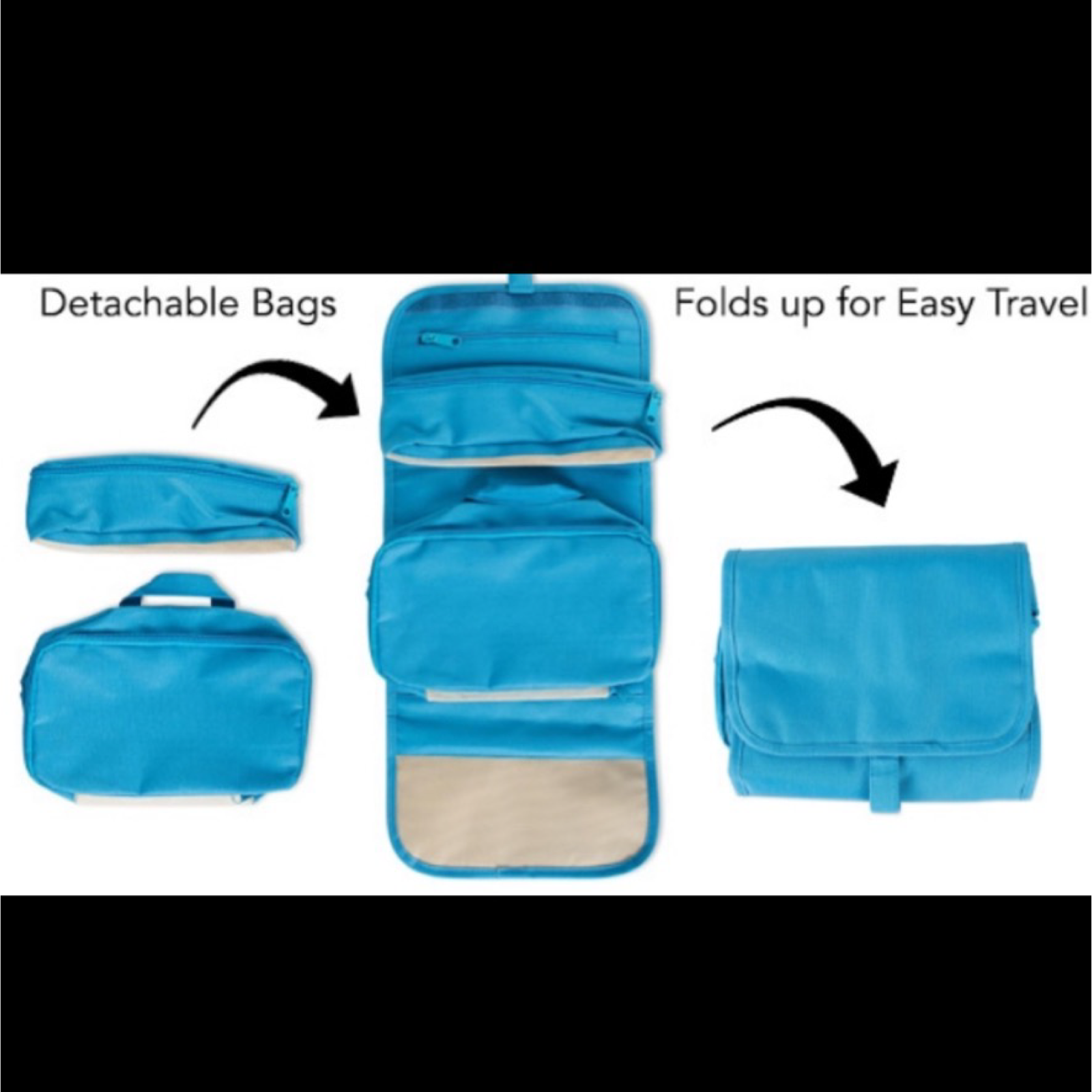 Hanging Roll Up Toiletry Bag w/ 2 Removable Snap-on Bags