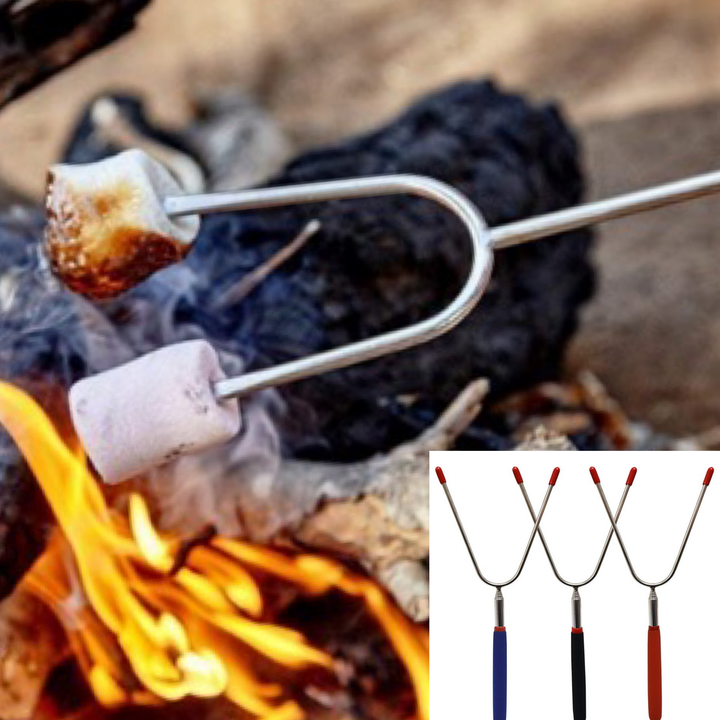 3pk 35" Telescoping Stainless Steel BBQ Forks For Campfires & Camping