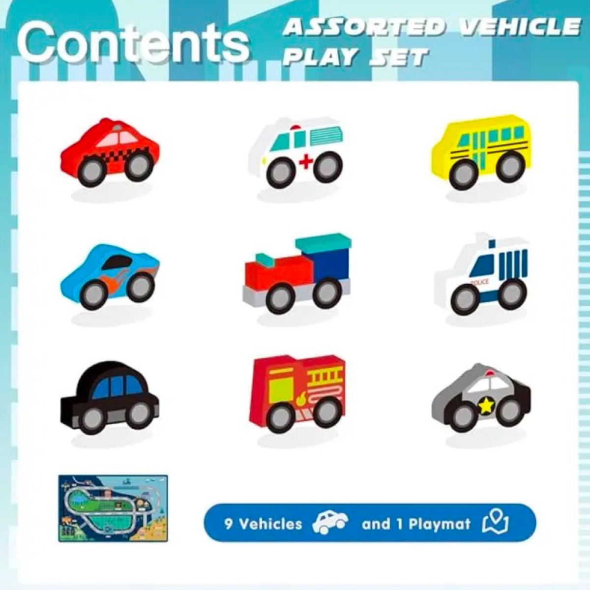 10pc Wooden Vehicle Set and Colorful Play Mat