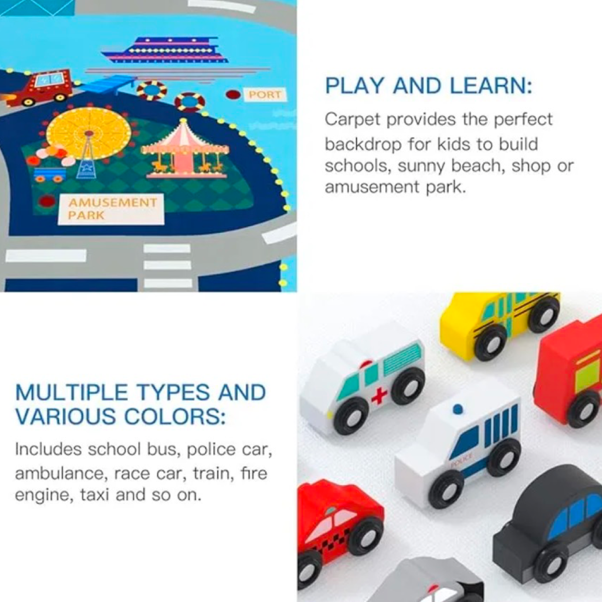 10pc Wooden Vehicle Set and Colorful Play Mat