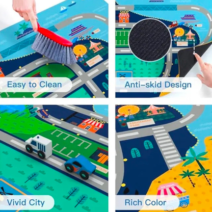 10pc Wooden Vehicle Set and Colorful Play Mat