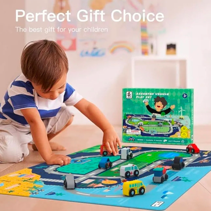 10pc Wooden Vehicle Set and Colorful Play Mat