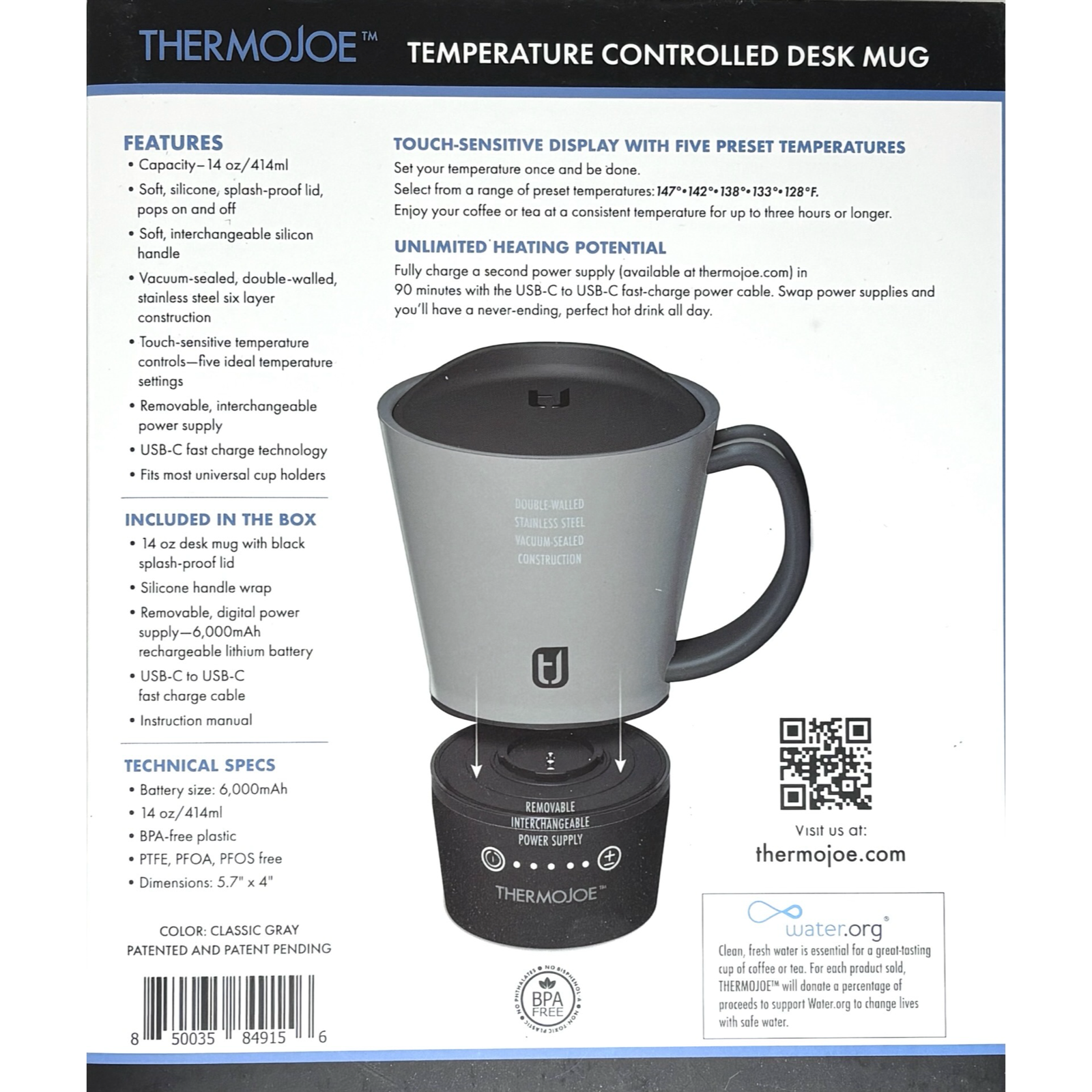 14oz Grey ThermoJoe Temperature Controlled Desk Countertop Mug