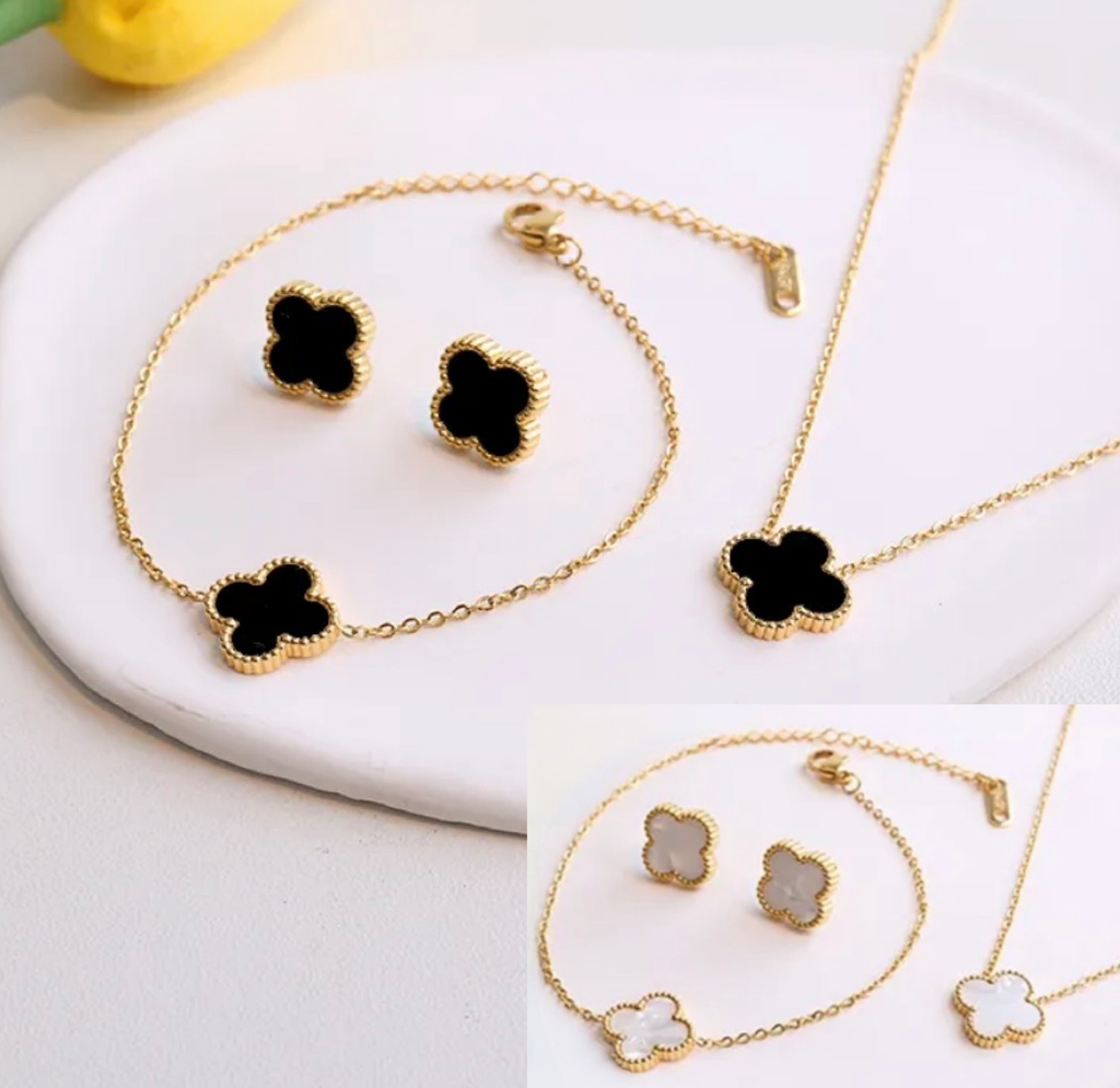 3pc 18K Gold Plated Lucky 4-Leaf Clover Set - Necklace, Bracelet, Earrings