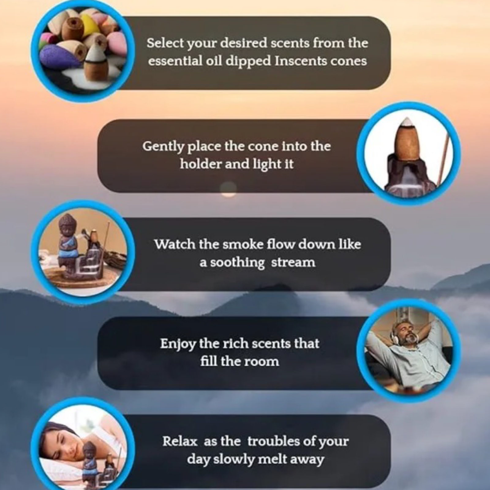 5" Buddha Incense Burner w/ Backflow Design - 10 Incense Cones Included